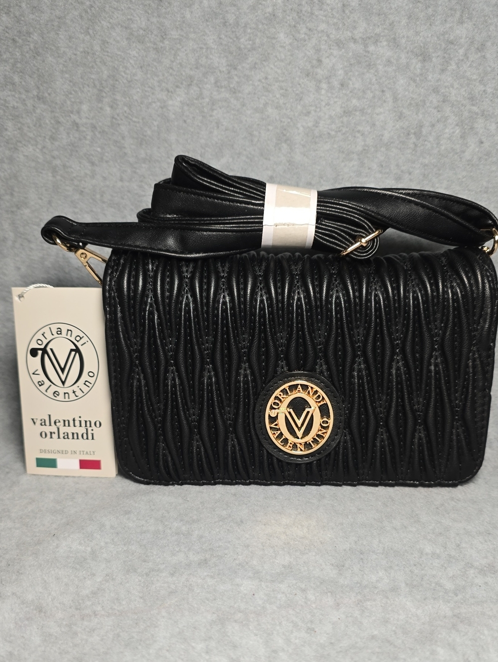 Valentino Orlandi Black Quilted Crossbody with Gold Logo
